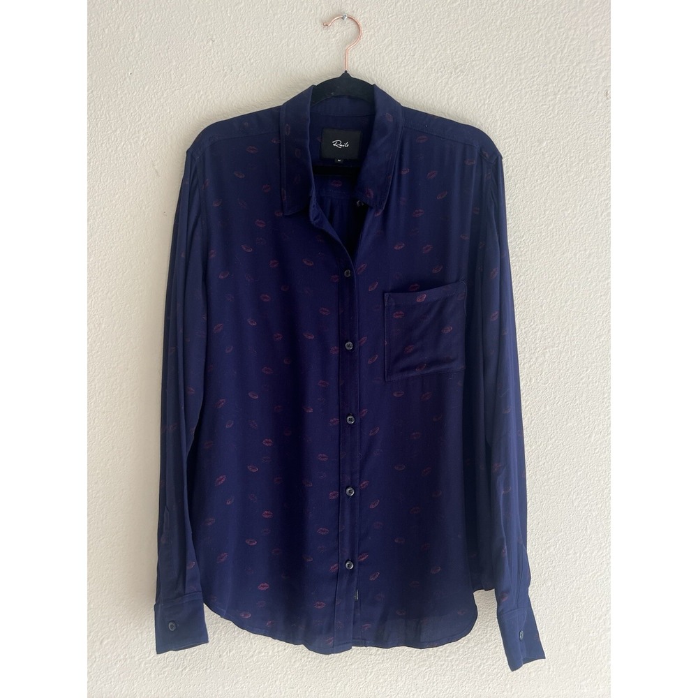 Rails Navy Blue Button Front Shirt Lip Print Medium Preppy Novelty Feminine